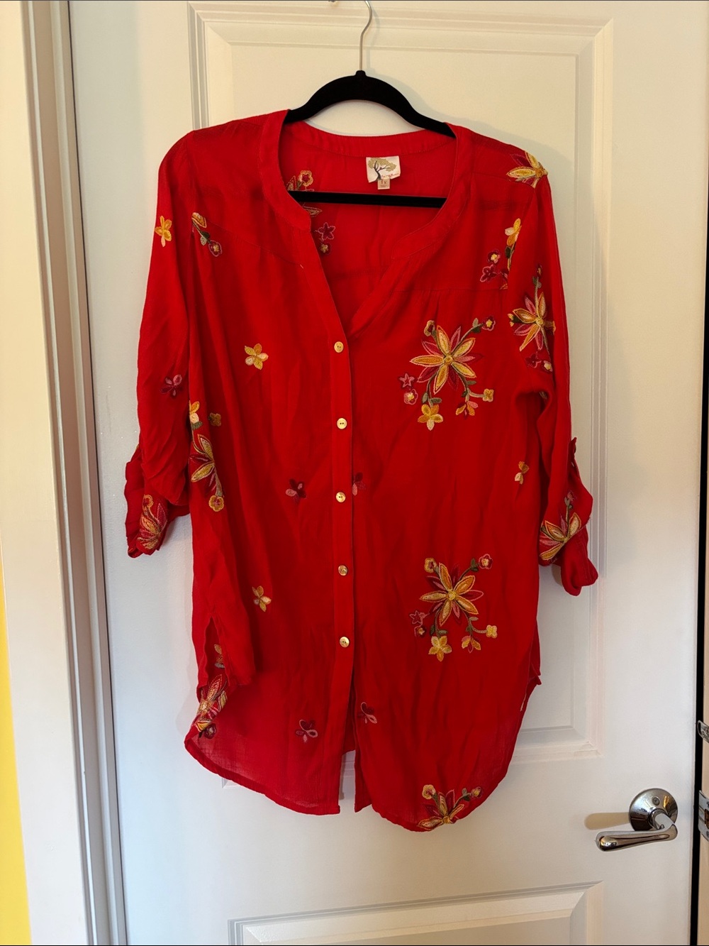 fig and flower Red Floral Embroidered Button-Front Tunic